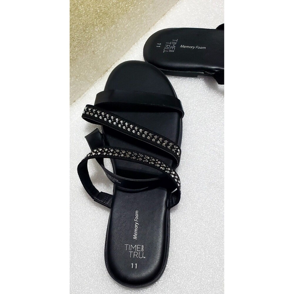 Time And Tru Women’s Strappy Sandals Rhinestones Black Sz 11 Memory Foam Soles